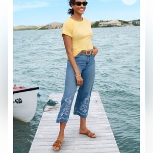 Talbots Women’s High Waist Wide Crop Embroidered Jeans Lacey Wash Size 12 petite